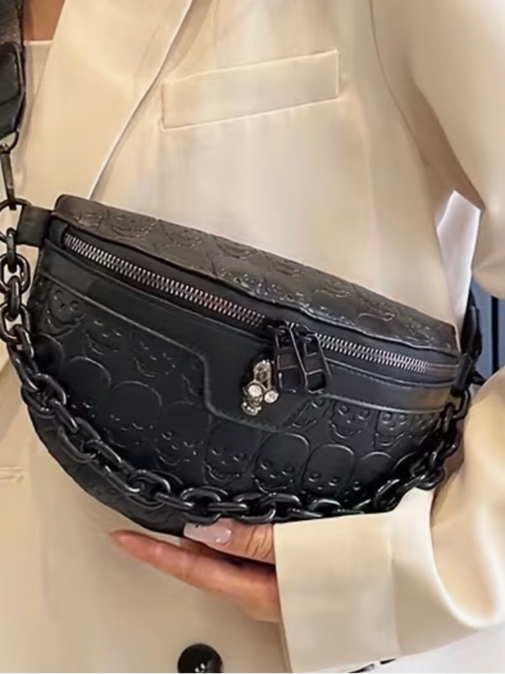 Black Embossed Skull Bum Bag with Chain Strap 💀